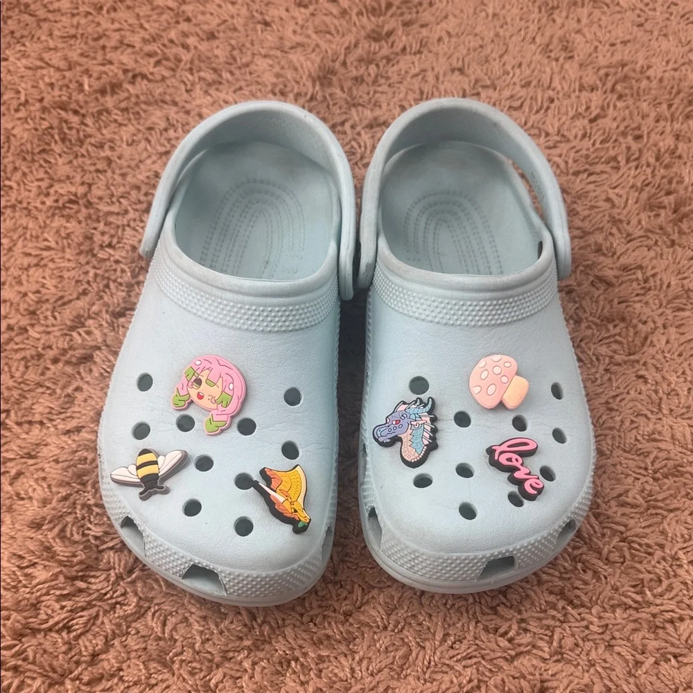 CROCS Kids Girls Sky Blue Clogs with Playful Charms Size J5
